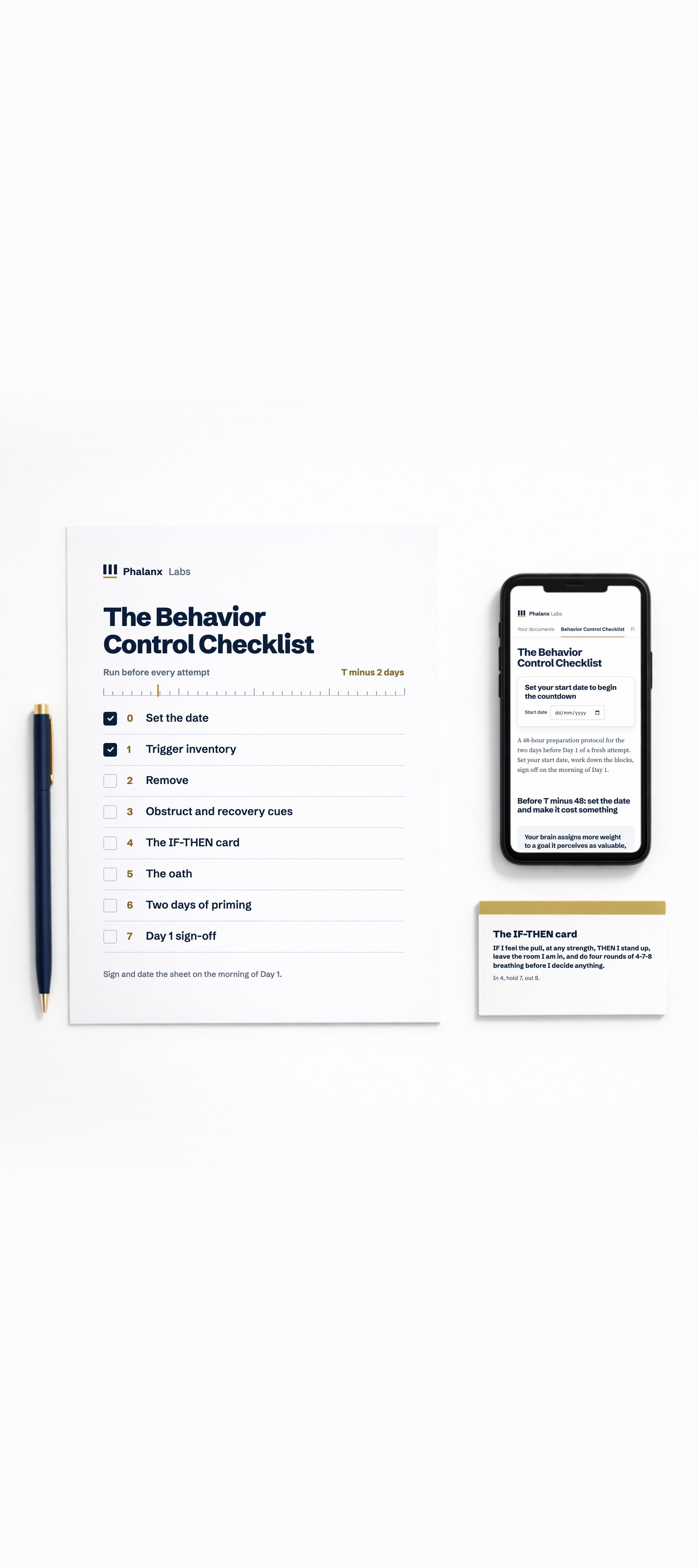 The Behavior Control Checklist printed as a sheet, open on a phone, and the IF-THEN card